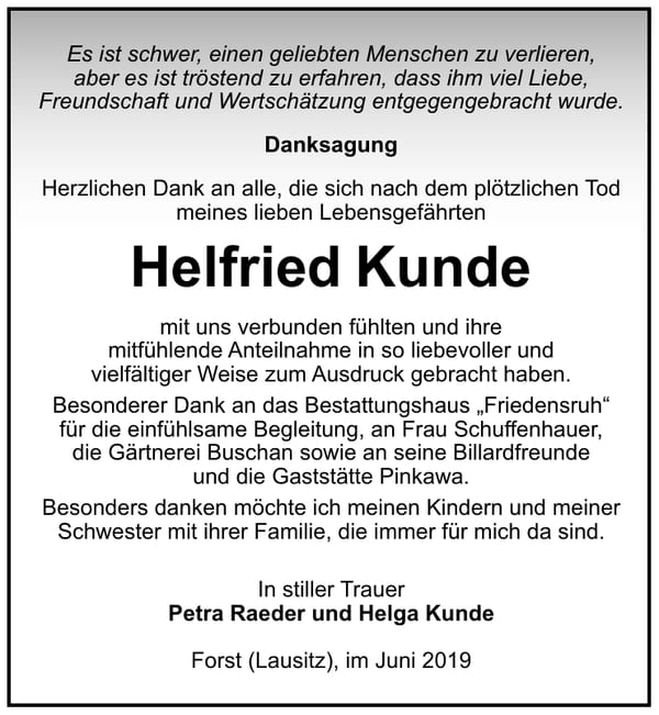 Traueranzeige Helfried Kunde