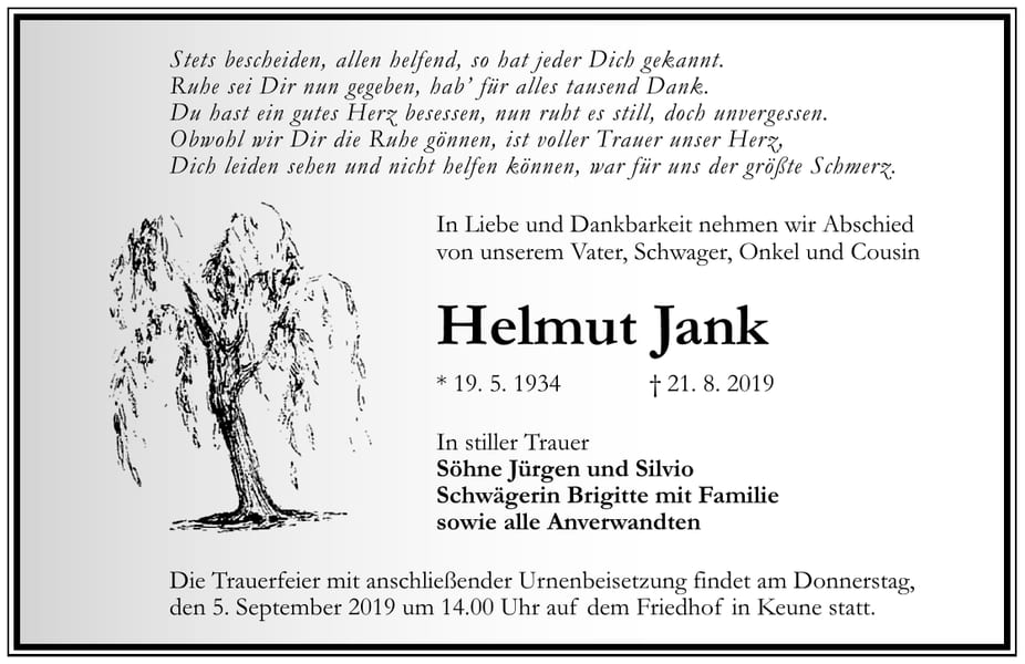 Traueranzeige Helmut Jank
