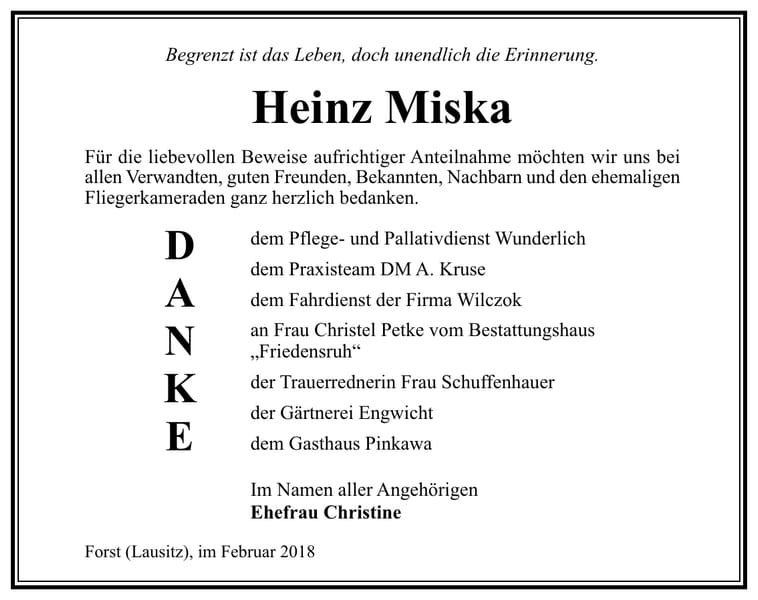 Danksagung Heinz Miska