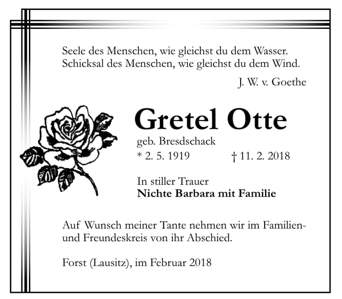 Traueranzeige Gretel Otte, geb. Bresdschack