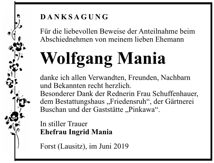 Traueranzeige Wolfgang Mania