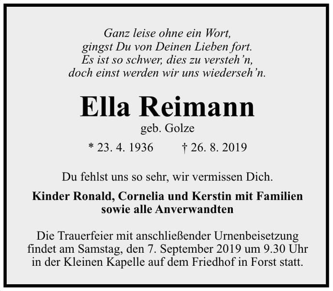 Traueranzeige Ella Reimann, geb. Golze