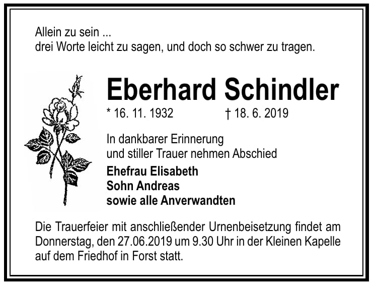 Traueranzeige Eberhard Schindler