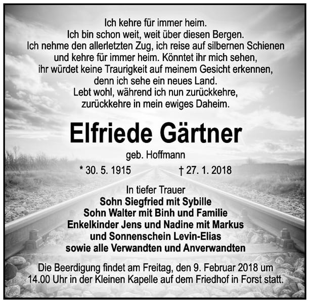 Traueranzeige Elfriede Gärtner, geb. Hoffmann
