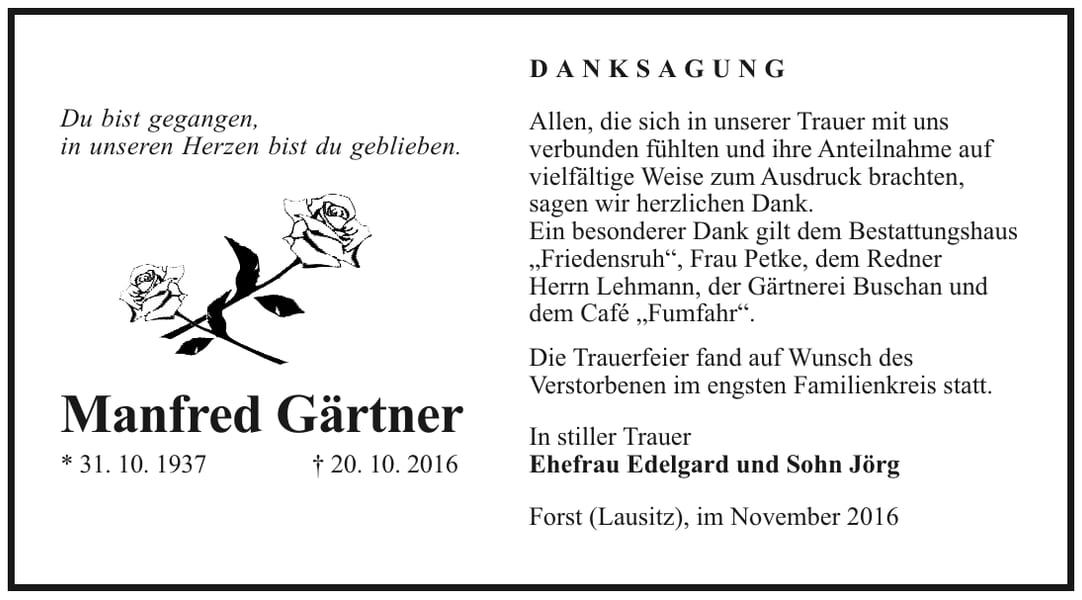 Danksagung Manfred Gärtner
