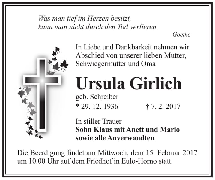 Traueranzeige Ursula Girlich, geb. Schreiber