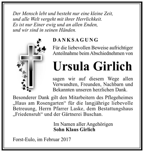 Danksagung Ursula Girlich