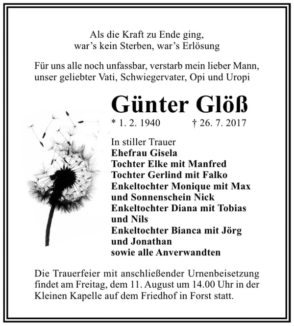 Traueranzeige Günter Glöß