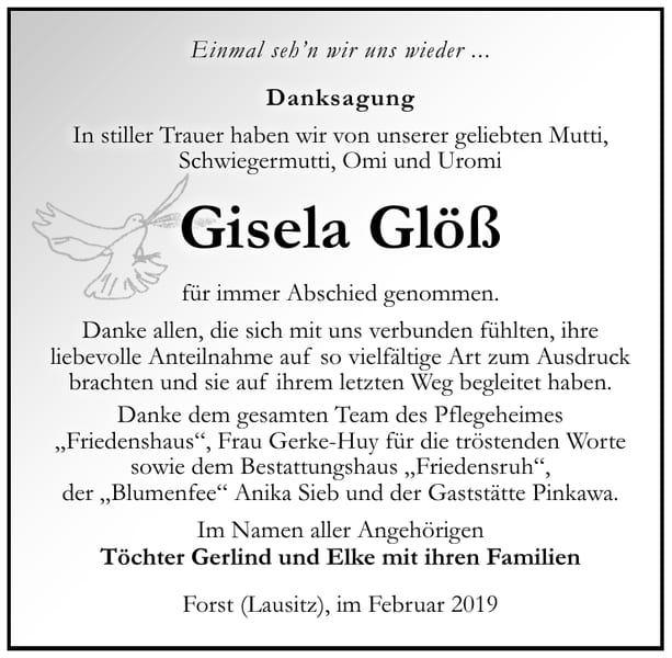 Traueranzeige Gisela Glöß