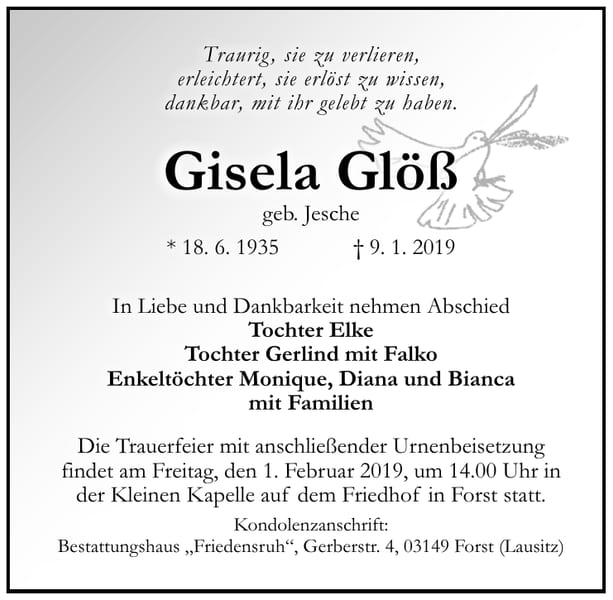 Traueranzeige Gisela Glöß, geb. Jesche