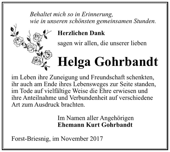 Danksagung Helga Gohrbandt