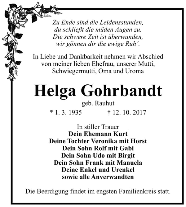 Traueranzeige Helga Gohrbandt, geb. Rauhut