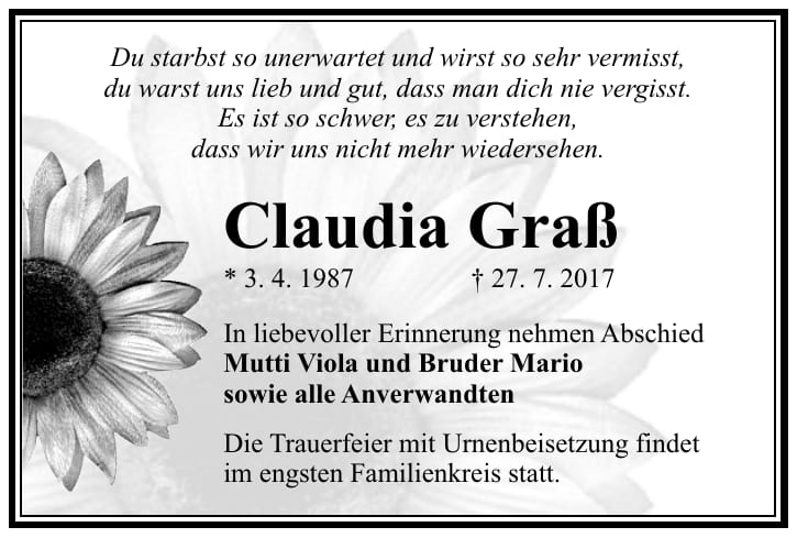 Traueranzeige Claudia Graß
