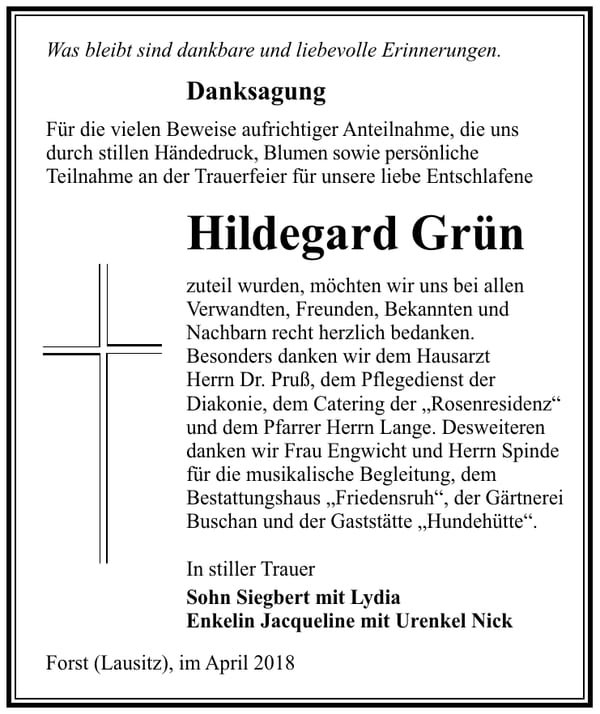 Danksagung Hildegard Grün