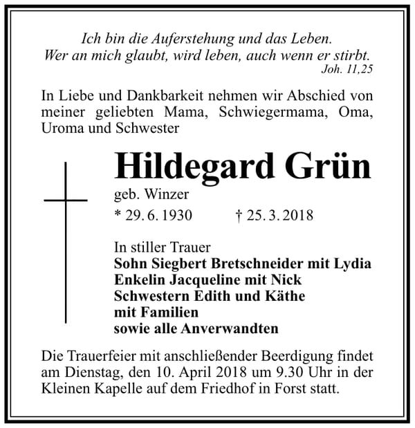 Traueranzeige Hildegard Grün, geb. Winzer