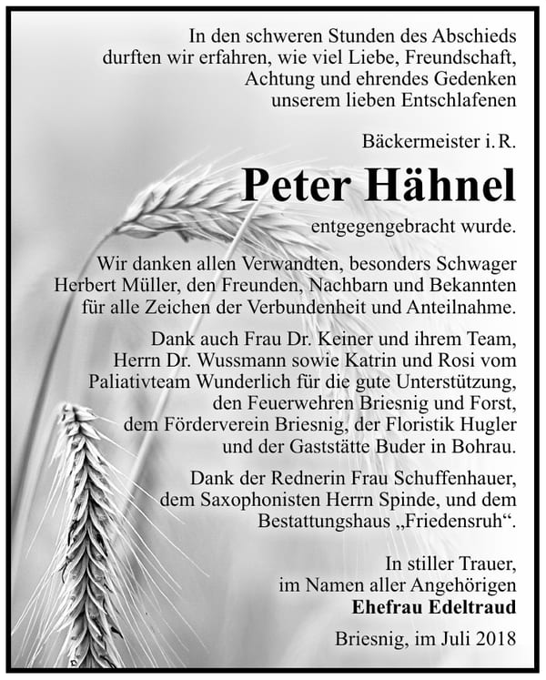 Danksagung Peter Hähnel