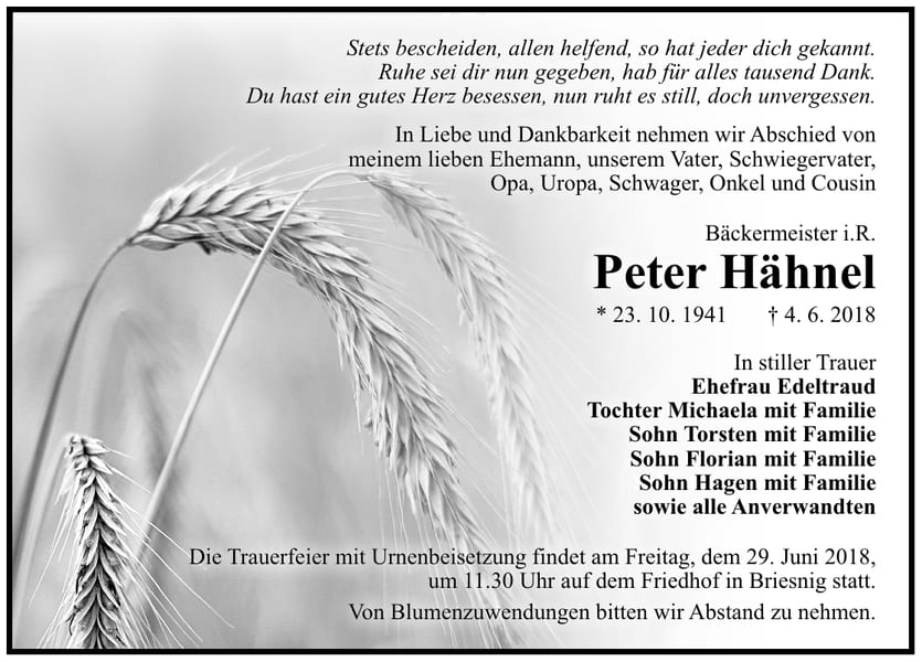 Traueranzeige Peter Hähnel