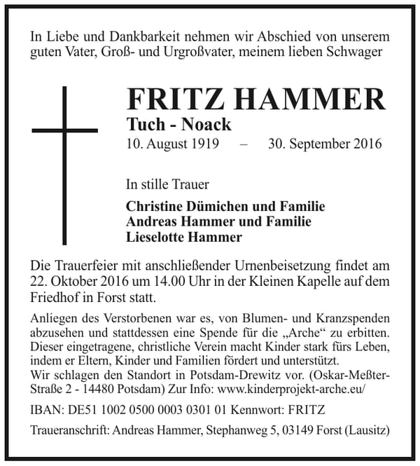 Traueranzeige Fritz Hammer