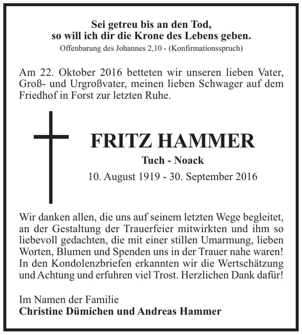 Danksagung Fritz Hammer