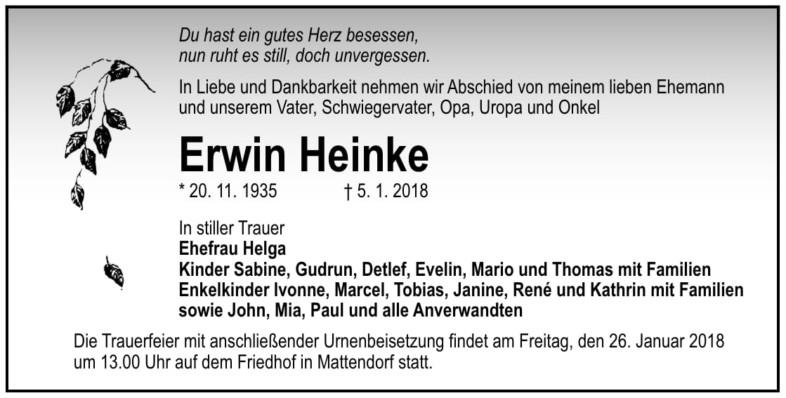 Traueranzeige Erwin Heinke