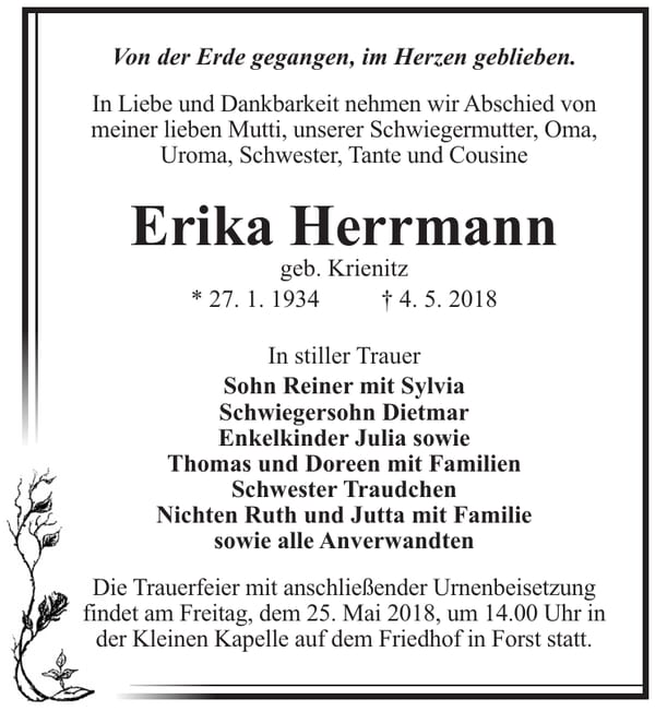 Traueranzeige Erika Herrmann, geb. Krienitz