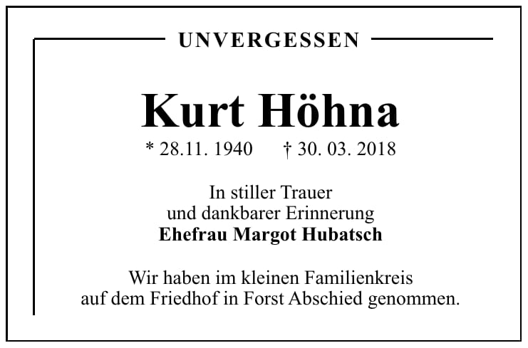 Traueranzeige Kurt Höhna