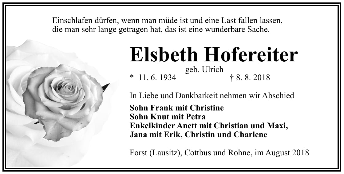 Traueranzeige Elsbeth Hofereiter, geb. Ulrich