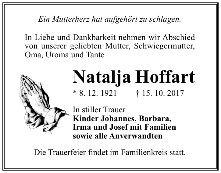 Traueranzeige Natalja Hoffart