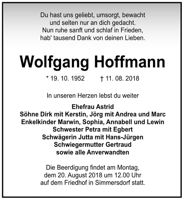 Traueranzeige Wolfgang Hoffmann