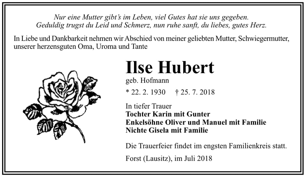 Traueranzeige Ilse Hubert, geb. Hofmann
