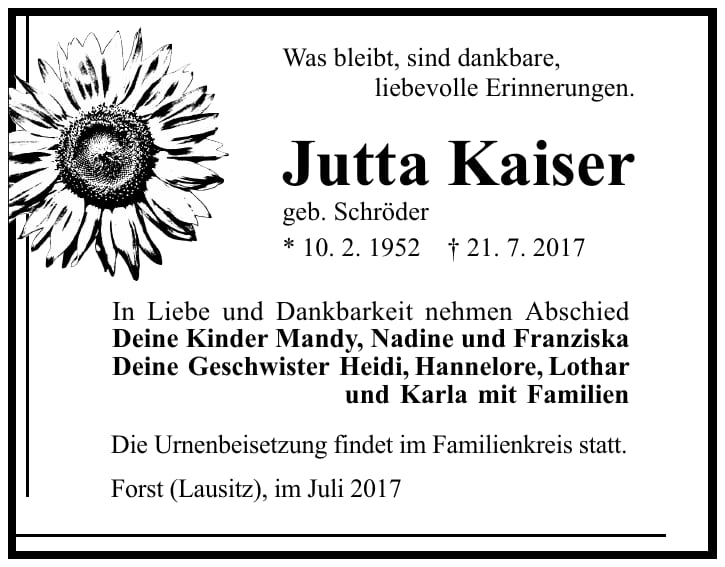 Traueranzeige Jutta Kaiser, geb. Schröder