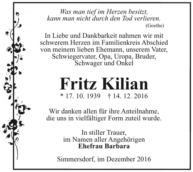 Traueranzeige Fritz Kilian