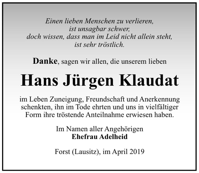 Traueranzeige Hans Jürgen Klaudat