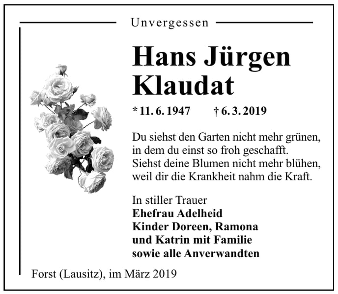 Traueranzeige Hans Jürgen Klaudat