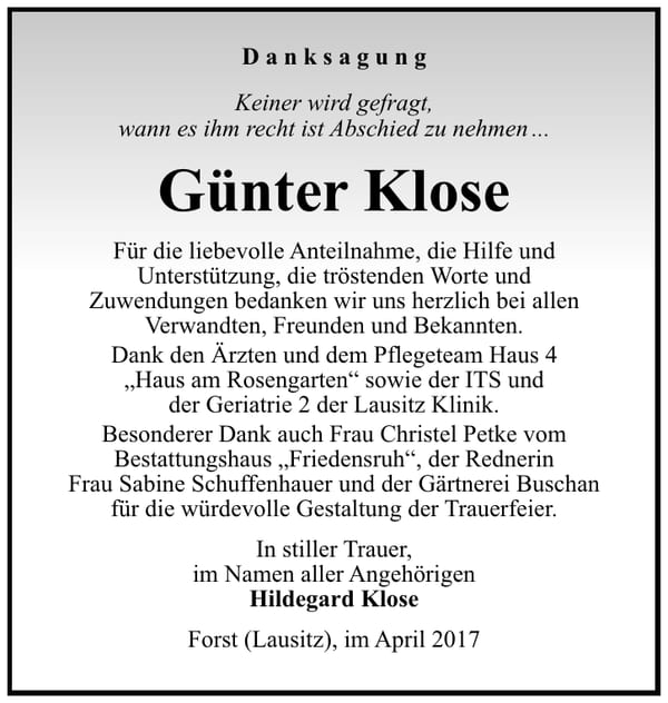 Danksagung Günter Klose