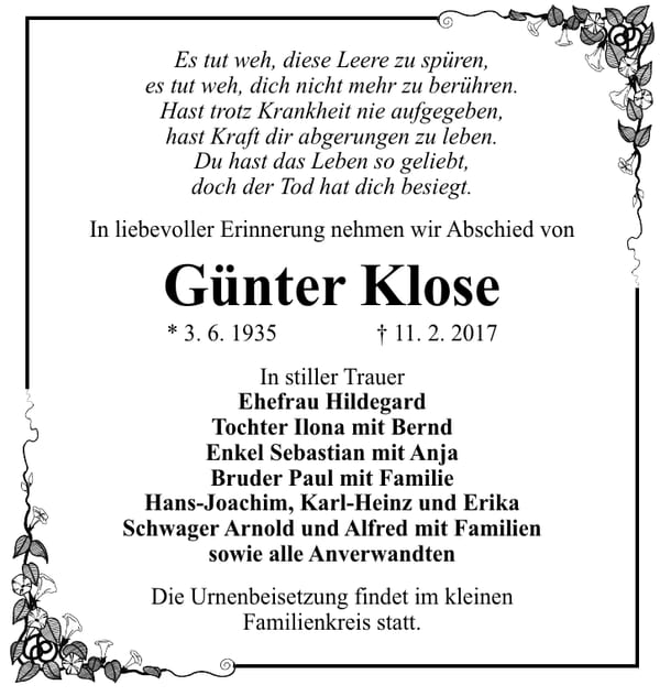 Traueranzeige Günter Klose