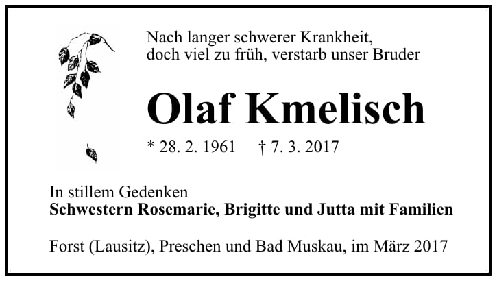 Traueranzeige Olaf Kmelisch