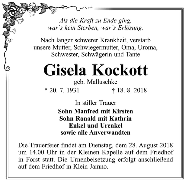 Traueranzeige Gisela Kockott, geb. Malluschke