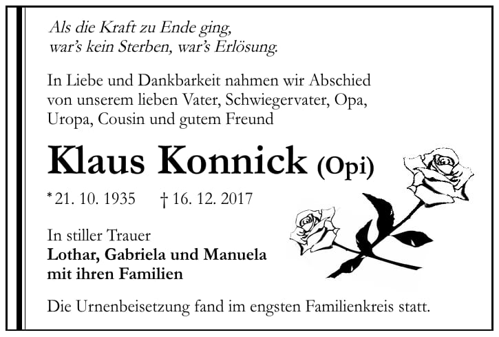 Traueranzeige Klaus Konnick