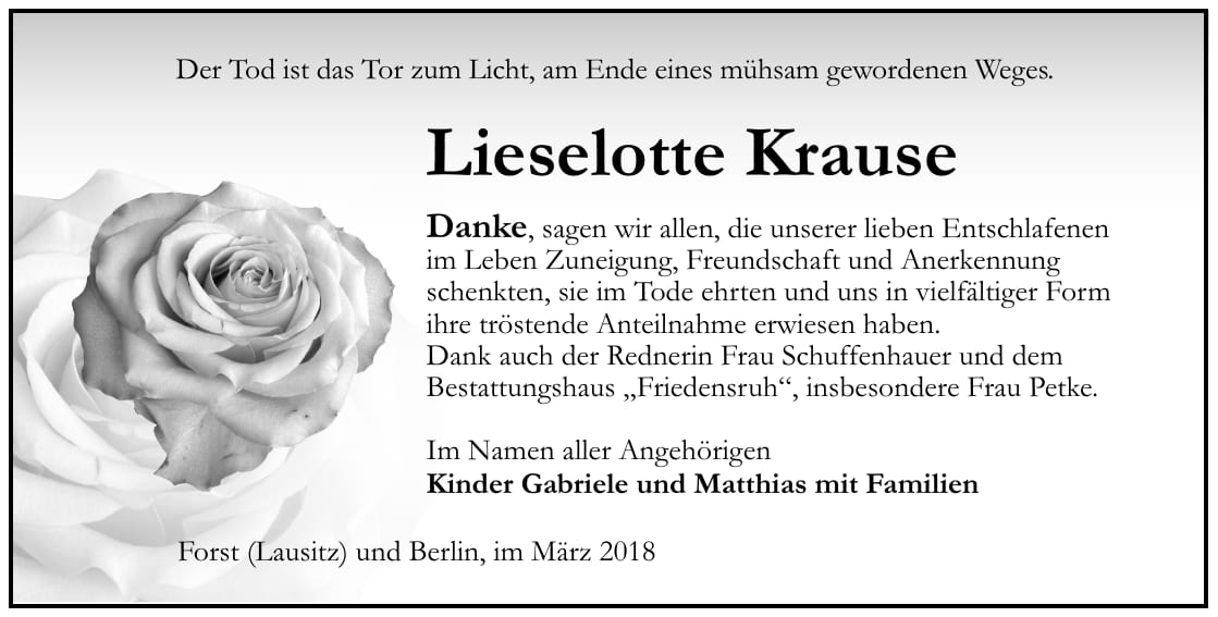 Danksagung Lieselotte Krause