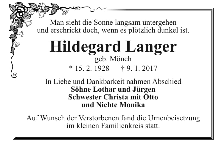 Traueranzeige Hildegard Langer, geb. Mönch
