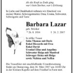 Traueranzeige Barbara Lazar, geb. Stricker