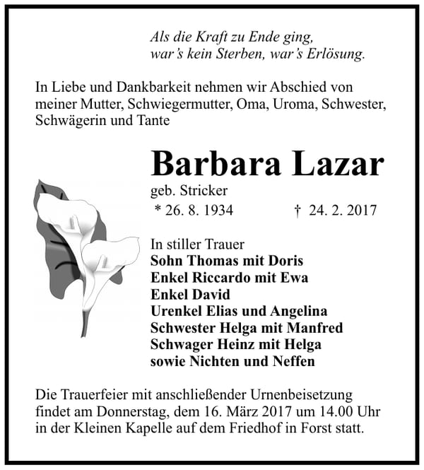 Traueranzeige Barbara Lazar, geb. Stricker