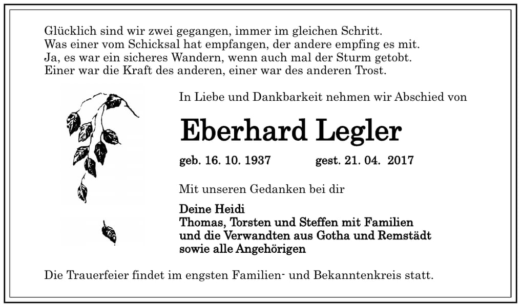 Traueranzeige Eberhard Legler