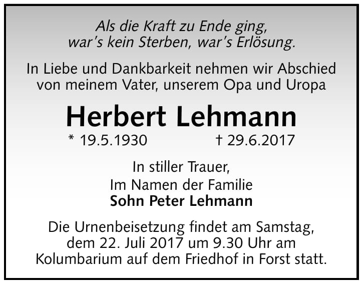 Traueranzeige Herbert Lehmann