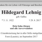Danksagung Hildegard Lehnig, geb. Gallus