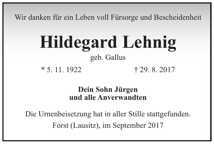 Danksagung Hildegard Lehnig, geb. Gallus