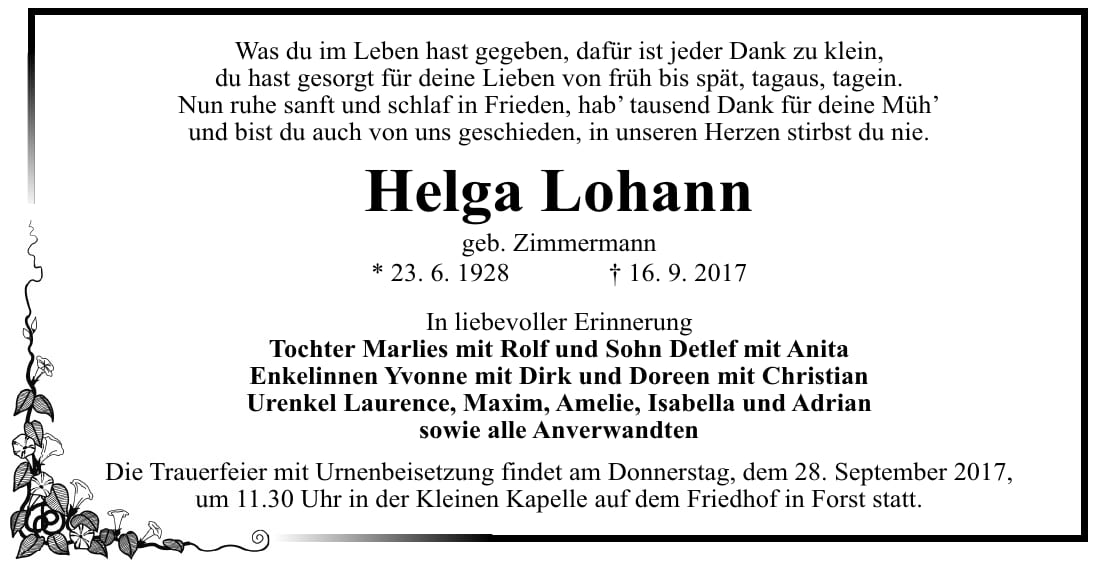 Traueranzeige Helga Lohann, geb. Zimmermann