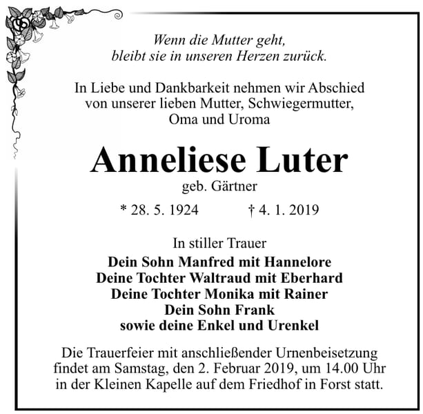 Traueranzeige Anneliese Luter, geb. Gärtner