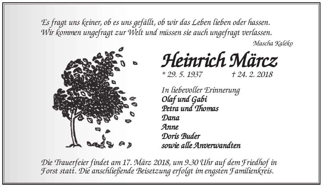 Traueranzeige Heinrich Märcz